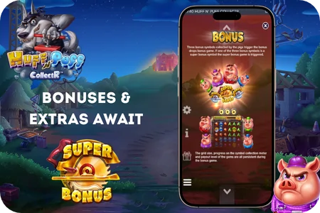 Huff n Puff CollectR bonus game and super bonus features explained