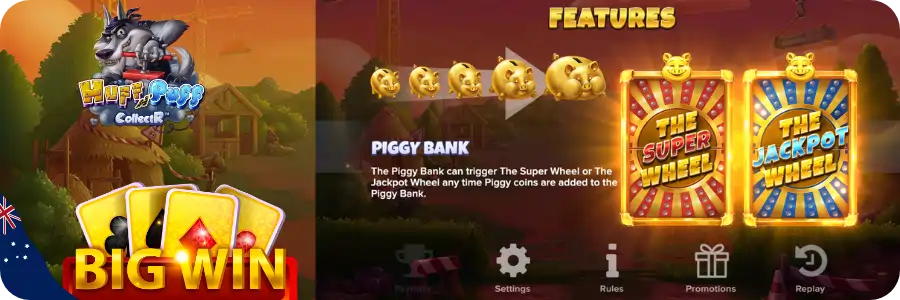 Huff n Puff CollectR Golden Wheel and Hat Mania bonus feature with big win potential