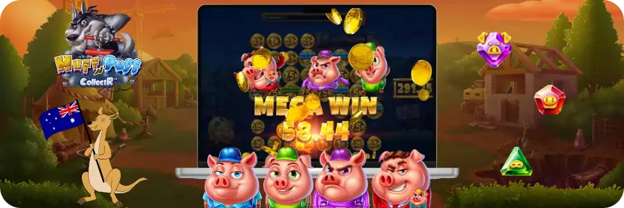 Four pigs collecting coloured gems on the grid in Huff n Puff CollectR base game