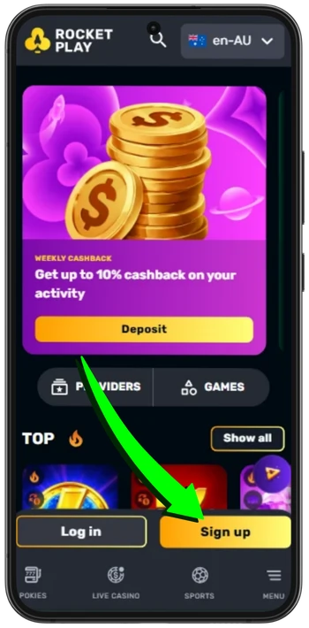 Huff n Puff CollectR casino selection and registration screen for Australian players