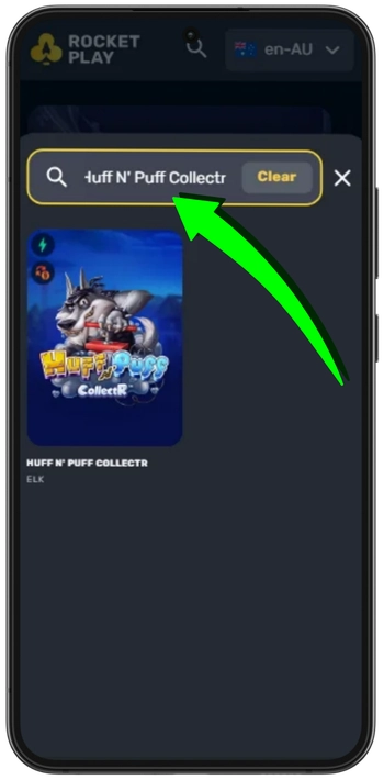 Huff n Puff CollectR game search and launch screen in online casino lobby