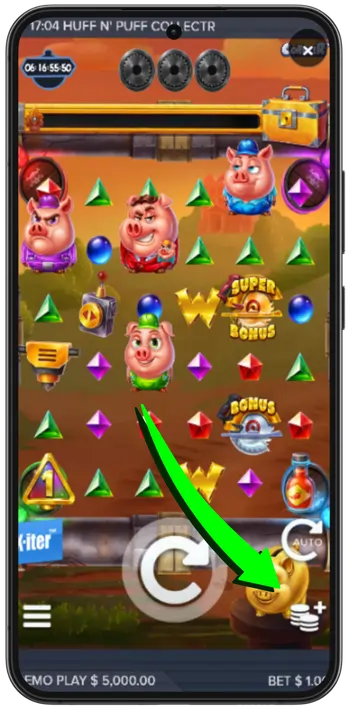 Huff n Puff CollectR bet setting interface with +/- buttons