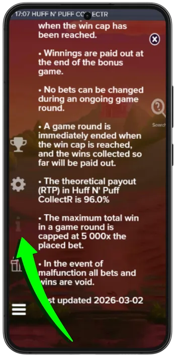 Huff n Puff CollectR RTP information icon and settings display