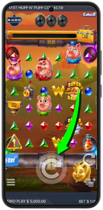 Huff n Puff CollectR drop button and cascading symbols animation