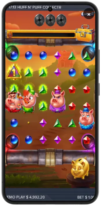 Huff n Puff CollectR pig characters collecting colored gems on grid