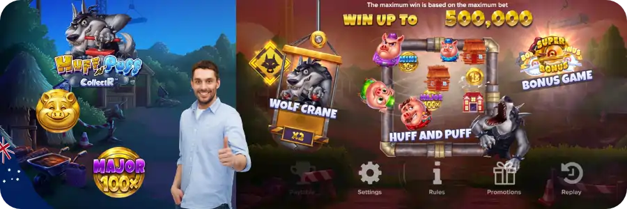 Huff n Puff CollectR Wolf Crane collecting columns and triggering pig fights with multiplier wins